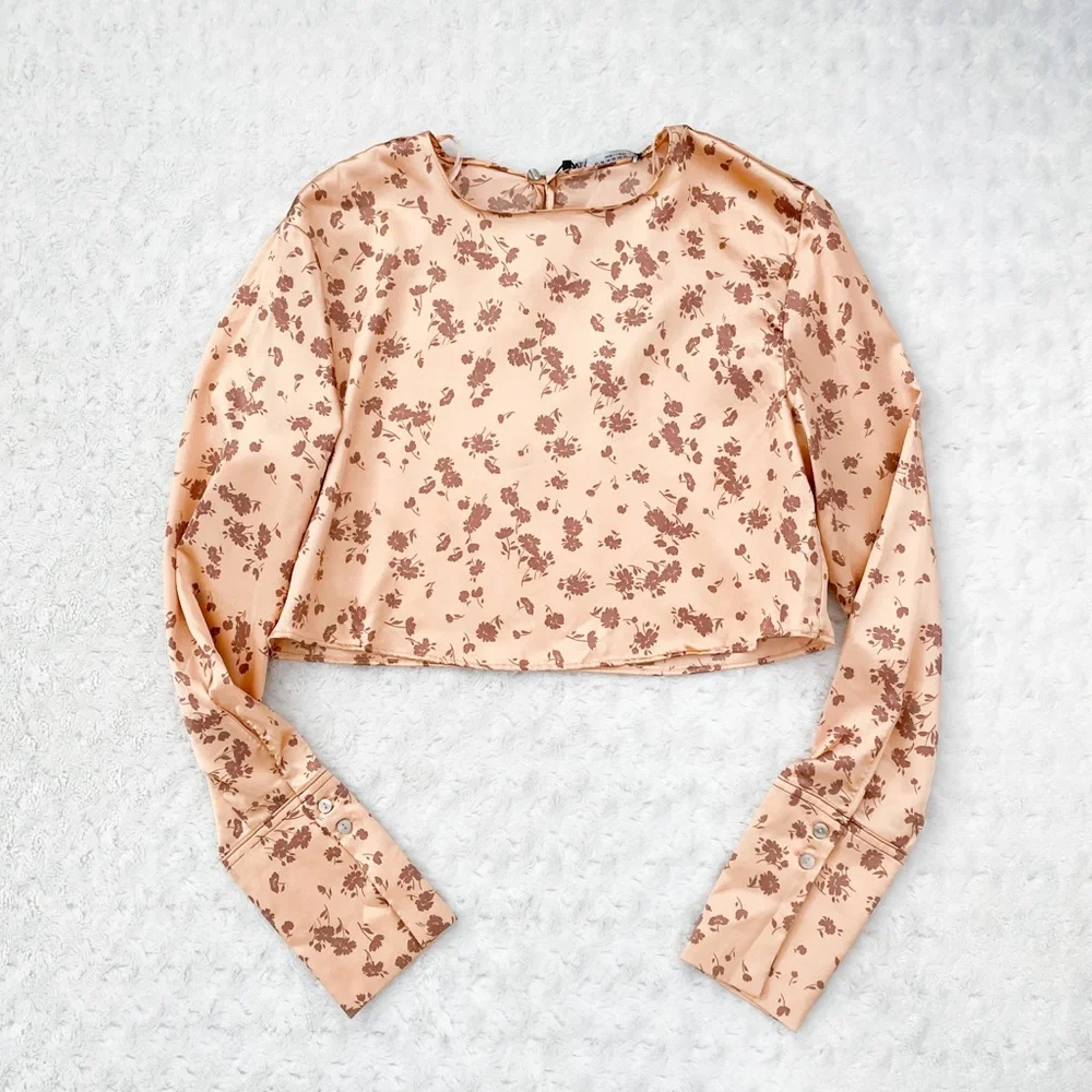 NWT- ZARA Cropped Floral Silky Cropped Long Sleeved Top
